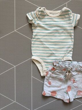 Pekkle|Baby girl summer set,Striped Teal Bodysuit & Fruit Peach Print Shorts•••